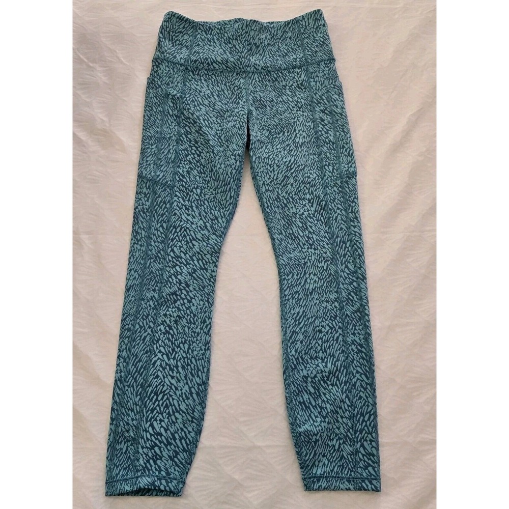 Athleta Teal Leggings‎ Cheetah Print Small Pockets Workout Athletic Sport